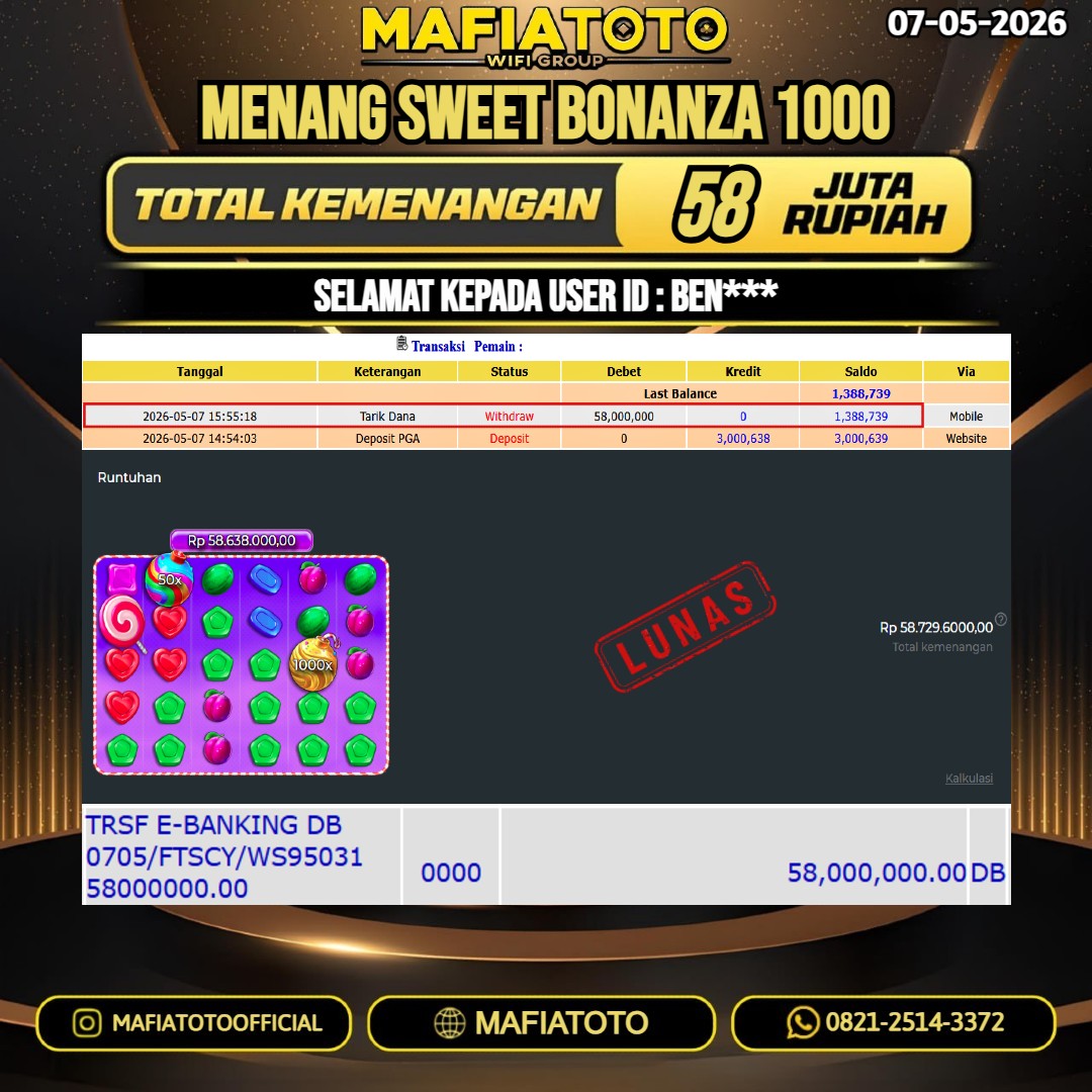 MAFIATOTO JACKPOT SLOT SWEET BONANZA 1000 RP.58.000.000 - LUNAS ID : BEN***