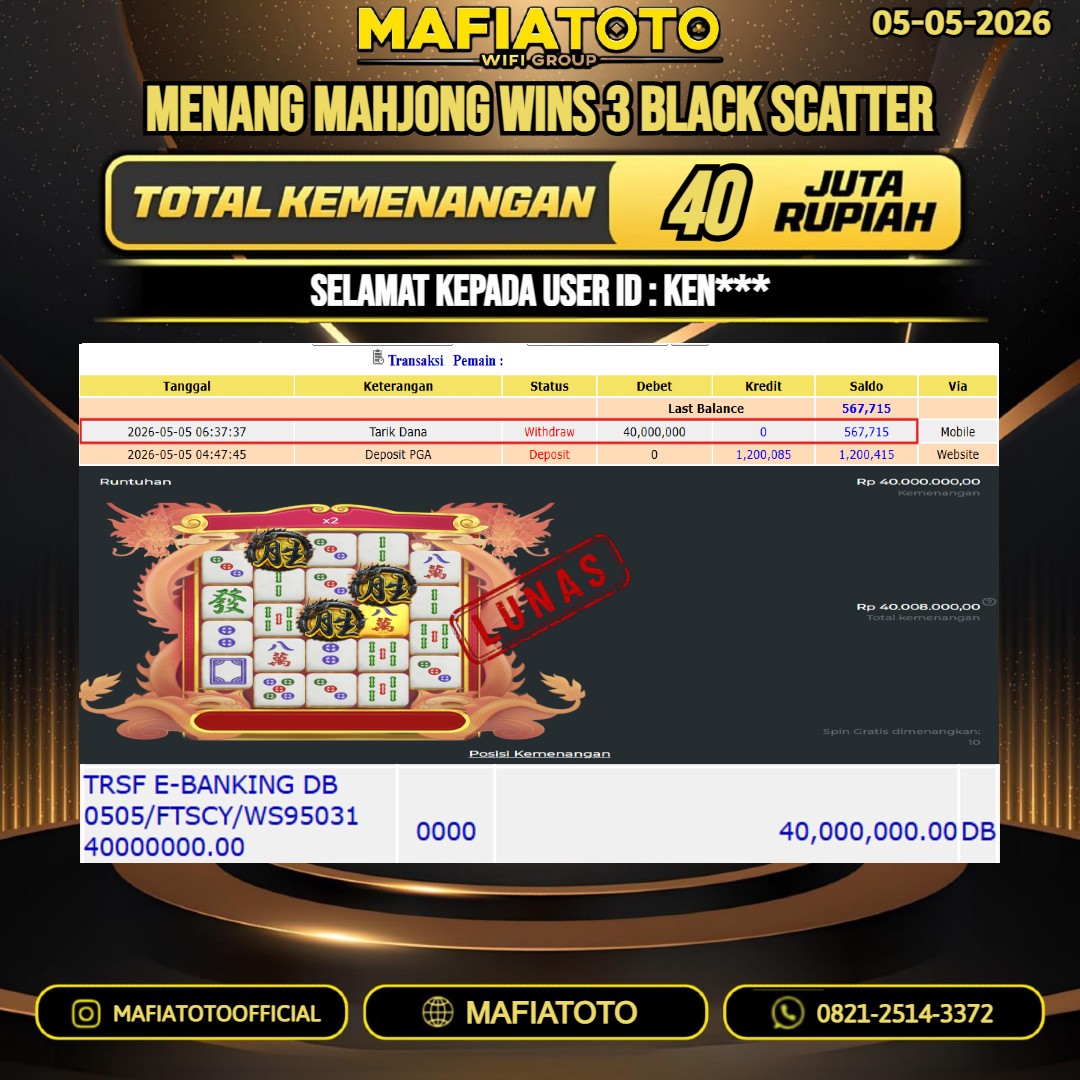 MAFIATOTO JACKPOT SLOT MAHJONG WINS 3 BLACK SCATTER RP. 40.000.000 - LUNAS ID : KEN**
