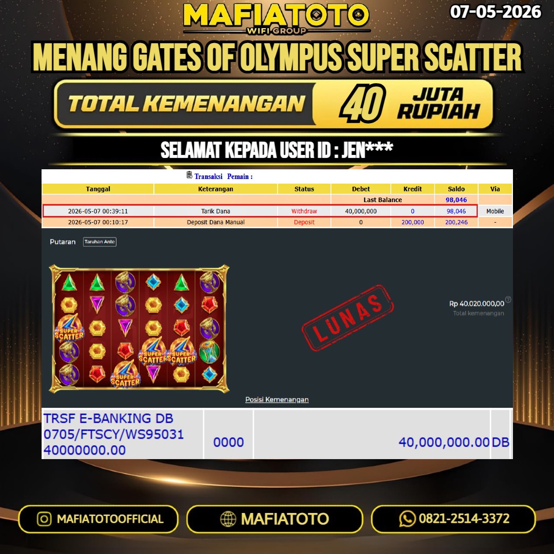 MAFIATOTO JACKPOT SLOT GATES OF OLYMPUS SUPER SCATTER RP.40.000.000 - LUNAS ID : JEN***